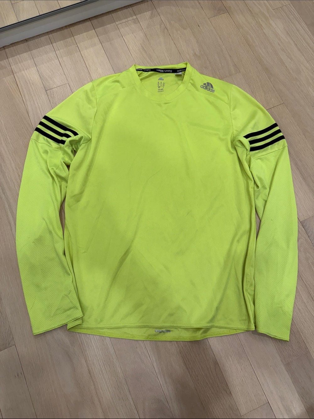 adidas Men’s Neon Yellow Long-Sleeve Athletic Top with Black Stripe Accents